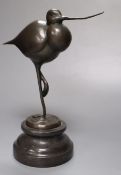 A modern French bronze model of an avocet, on marble plinth, 23cm