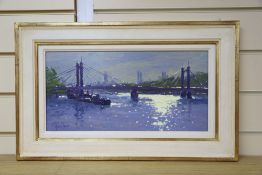 Peter Van Breda, oil on board, Albert Bridge towards Battersea, signed, 19 x 39cm