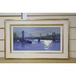 Peter Van Breda, oil on board, Albert Bridge towards Battersea, signed, 19 x 39cm