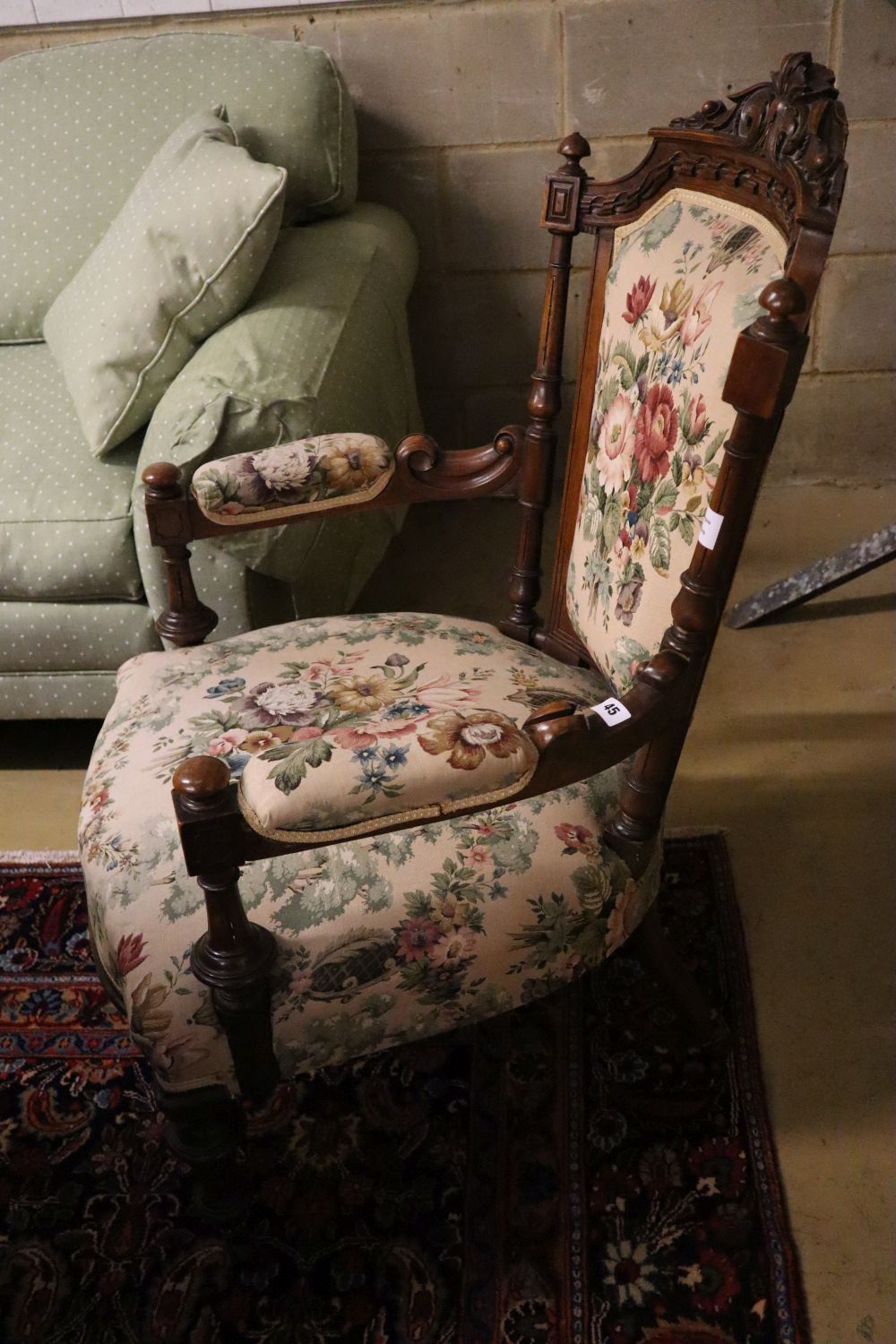 A late Victorian carved walnut upholstered open armchair - Image 3 of 3