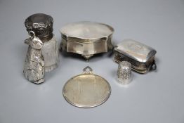 Small silver including George V trinket box, hand bag mirror and pin cushion and a plated thimble.