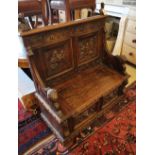 A late 19th century French carved box seat settle, width 100cm, depth 45cm, height 116cm