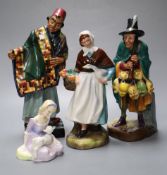 Four Royal Doulton figures, Carpet Seller, Mask Seller, Country Lass, Mary had a Little