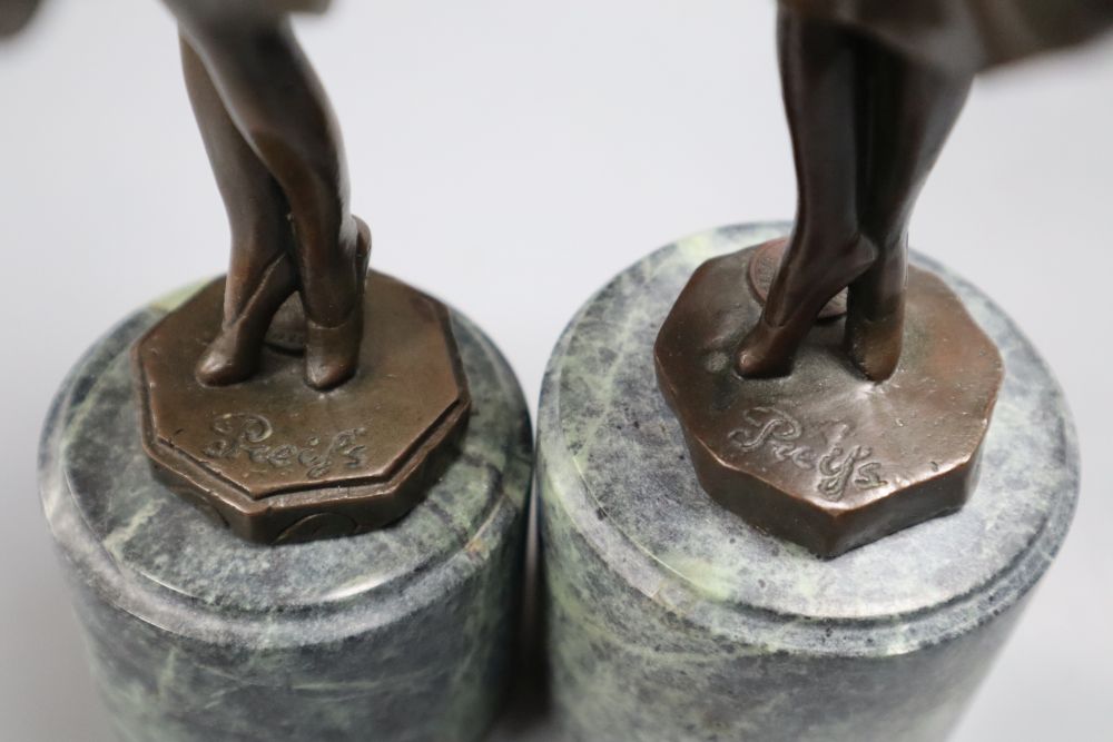 After Preiss - A pair of modern French bronzes of dancing girls, on marble plinths, 26cm high - Image 4 of 6