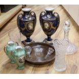 Two pairs of vases, 33cm, glassware and wood plate