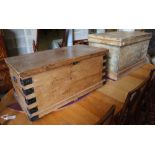 Two Victorian rectangular pine trunks, larger width 94cm, depth 53cm, height 52cm