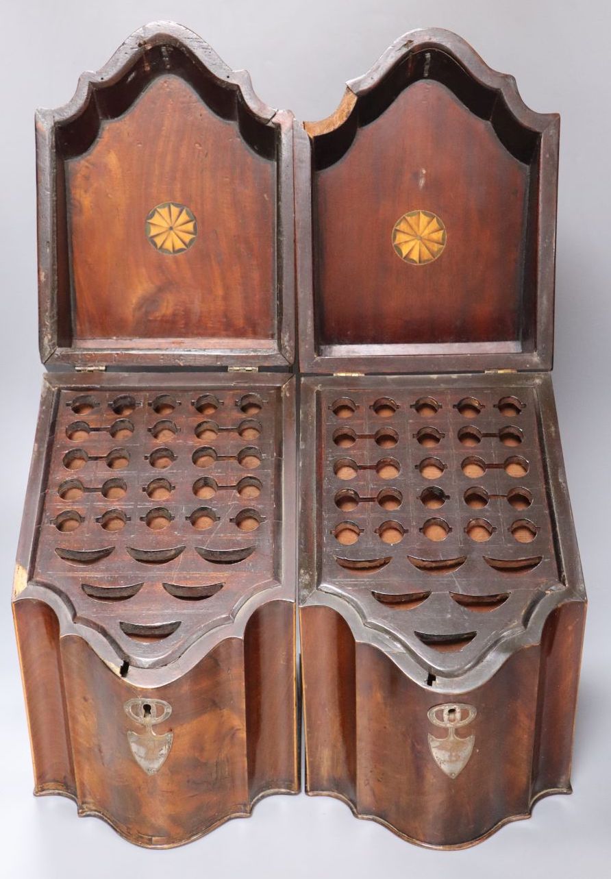 A pair of George III inlaid mahogany knife boxes with original interiors and Old Sheffield plate - Image 2 of 3