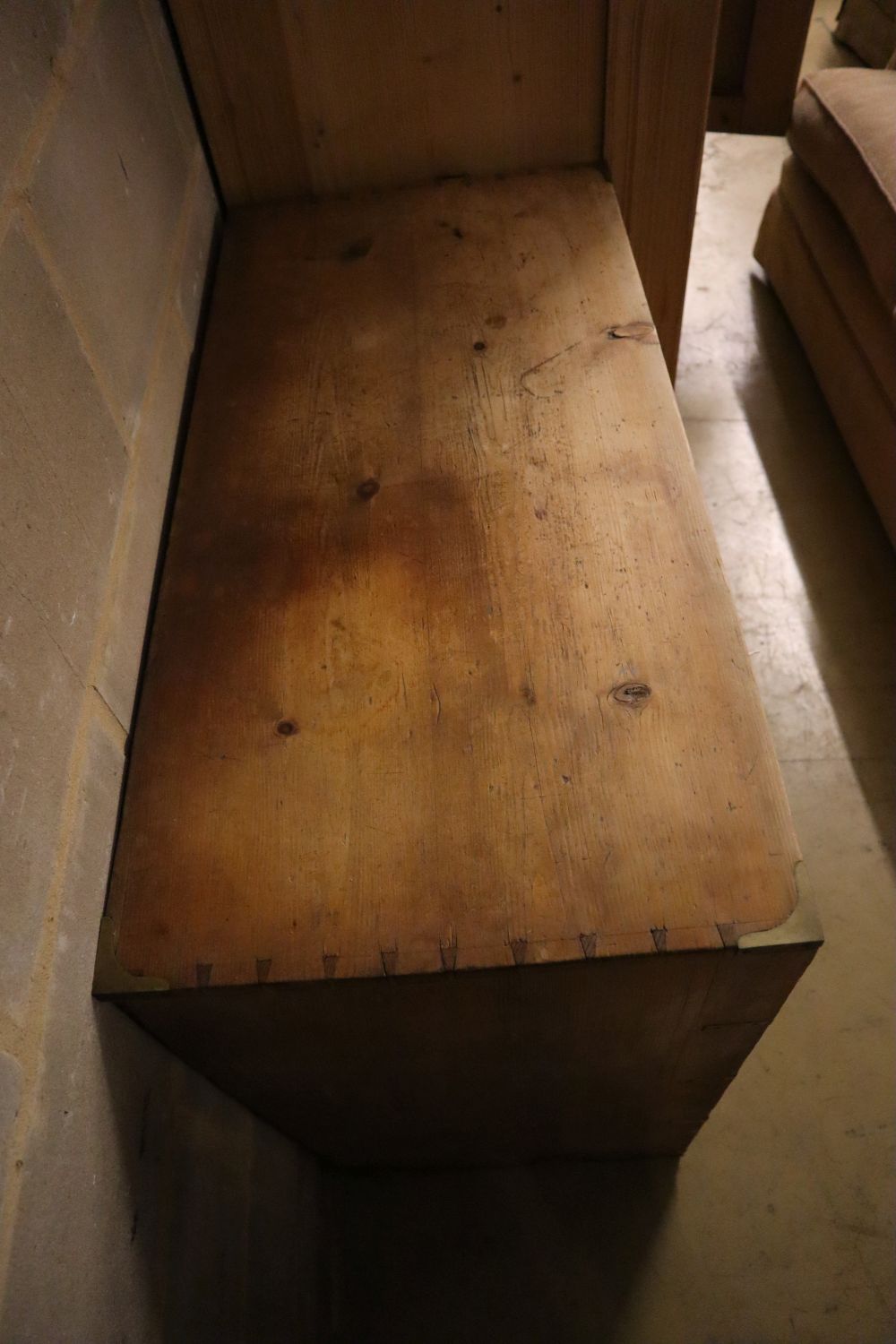 A Victorian pine chest of drawers having later brass mounts, width 90cm depth 44cm height 88cm - Image 3 of 3