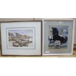 Francis Kwok Peng Kin, watercolour, Harbour scene, signed, 21 x 32cm and a study of horses by Vigil