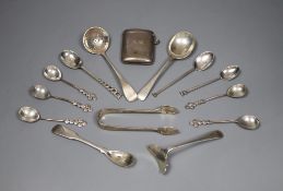 A George V silver vesta case and thirteen pieces of cutlery including eight silver.