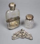 A late Victorian silver mounted glass hip flask, Sheffield, 1890, 14.3cm, an Edwardian silver belt