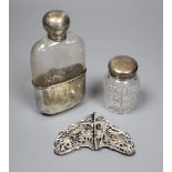 A late Victorian silver mounted glass hip flask, Sheffield, 1890, 14.3cm, an Edwardian silver belt