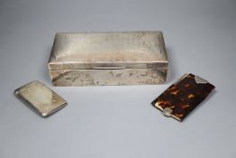 A silver mounted cigarette box. 19.5cm, a silver card case and a tortoiseshell and ivory aide