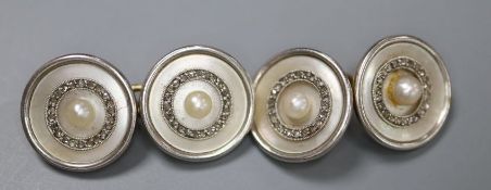 A pair of early to mid 20th century yellow metal (stamped 18), mother of pearl, seed pearl and