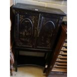 A 19th century chinoiserie cabinet on later ebonised stand, width 63cm, depth 27cm, height 130cm