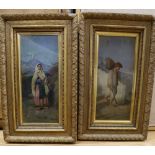 Neapolitan School, pair of oils on panel, Italian peasants in a landscape, 22 x 9.5cm