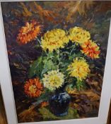 E. Vintats, oil on board, Still life of chrysanthemums in a blue vase, indistinctly signed and dated