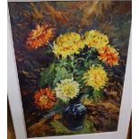 E. Vintats, oil on board, Still life of chrysanthemums in a blue vase, indistinctly signed and dated