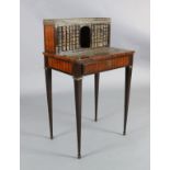 An early 19th century French rosewood and parquetry bonheur du jour, with marble topped brass