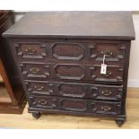 An early 18th century oak chest with hinged top, width 84cm, depth 45cm, height 85cm