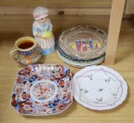 A Meissen plate, an Imari dish, Doulton plates, a Charlotte Rhead vase etc.