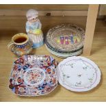 A Meissen plate, an Imari dish, Doulton plates, a Charlotte Rhead vase etc.