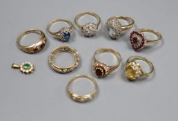 Seven assorted 9ct gold and gem set rings and a pendant, gross 20.8 grams, an 18ct gold eternity