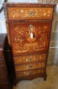 An early 20th century French marquetry inlaid rosewood secretaire chest with marble top, width 64cm,