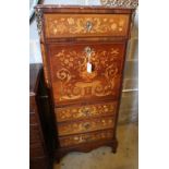 An early 20th century French marquetry inlaid rosewood secretaire chest with marble top, width 64cm,