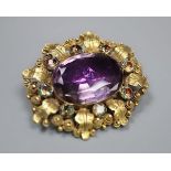 A Victorian yellow metal, foil backed amethyst and white paste set oval brooch, 34mm, gross 9.2