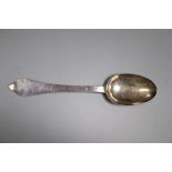 An early 18th century silver dog nose rat tail spoon, indistinct marks, maker, William Scarlett,