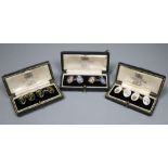 Three assorted cased pairs of 1950's 9ct gold and enamel cufflinks relating to HRH Prince Philip and