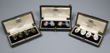 Three assorted cased pairs of 1950's 9ct gold and enamel cufflinks relating to HRH Prince Philip and