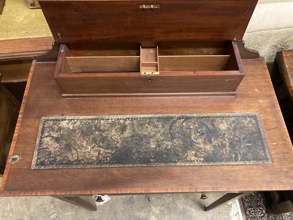 An Edwardian satinwood banded mahogany writing table, width 76cm depth 42cm height 93cm - Image 2 of 3