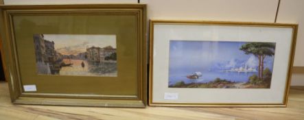 E. Carlandi, watercolour, Grand Canal, Venice, 16 x 31cm and a Neapolitan gouache