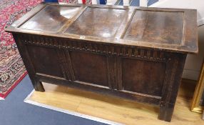 An 18th century oak panelled coffer, width 128cm, depth 52cm, height 66cm