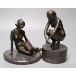 Two modern French bronzes of seated nudes on marble plinths, tallest 22cm