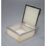 A white marble silver mounted box, inlaid with a lapis lazuli, width 10cm depth 10cm