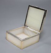 A white marble silver mounted box, inlaid with a lapis lazuli, width 10cm depth 10cm