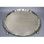 A George V silver salver, with later engraved inscription, London, 1934, 30.5cm, 27oz.