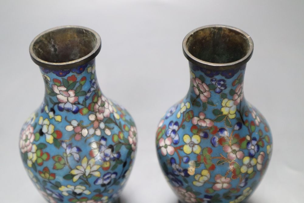 A pair of small Chinese cloisonne vases, 13cmCONDITION: One vase with two dents with damage to - Image 2 of 3