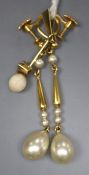 A pair of 9ct and simulated pearl drop earrings, 36mm, gross 2.9 grams and a 585 yellow metal,