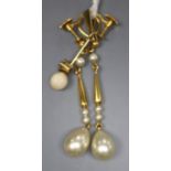 A pair of 9ct and simulated pearl drop earrings, 36mm, gross 2.9 grams and a 585 yellow metal,