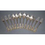 A set of six mid 19th century Russian 84 zolotnik sweetmeat forks and six similar Russian teaspoons,