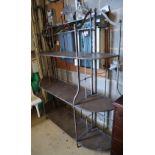 French industrial painted wrought metal folding shelves, width 160cm, depth 43cm, height 202cm