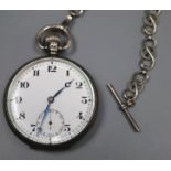 A 1920's silver open face Record keyless lever pocket watch, with a white metal albert, case