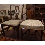 A George III mahogany dining chair together with an inlaid mahogany elbow chair