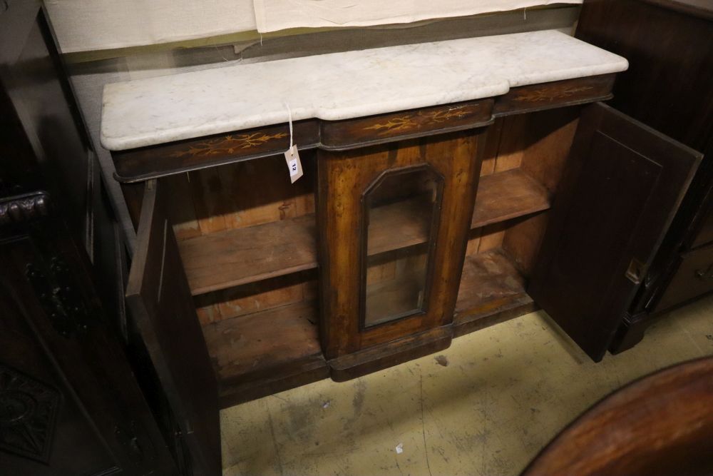 A late Victorian walnut marble top breakfront side cabinet, width 120cm depth 32cm height 84cm - Image 2 of 3