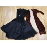 A black net 1950's evening dress petticoat and a quilted crushed velvet 1940's coat