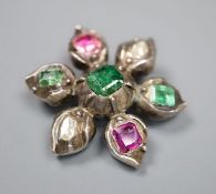 A 19th century white metal emerald, rose cut diamond and foil backed ruby? set flower head brooch,